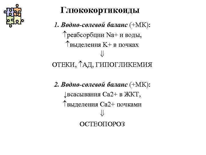 Глюкокортикоиды 1. Водно-солевой баланс (+МК): реабсорбции Na+ и воды, выделения K+ в почках ОТЕКИ,