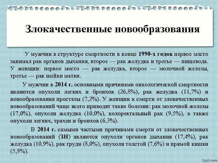 Злокачественные новообразования У мужчин в структуре смертности в конце 1990 -х годов первое место