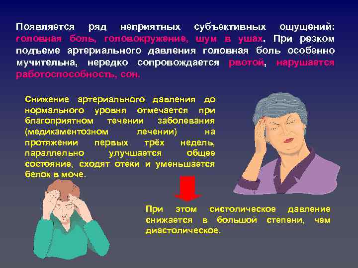 Появляется ряд неприятных субъективных ощущений: головная боль, головокружение, шум в ушах. При резком подъеме