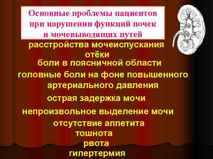 Основные проблемы пациентов при нарушении функций почек и мочевыводящих путей расстройства мочеиспускания отёки боли