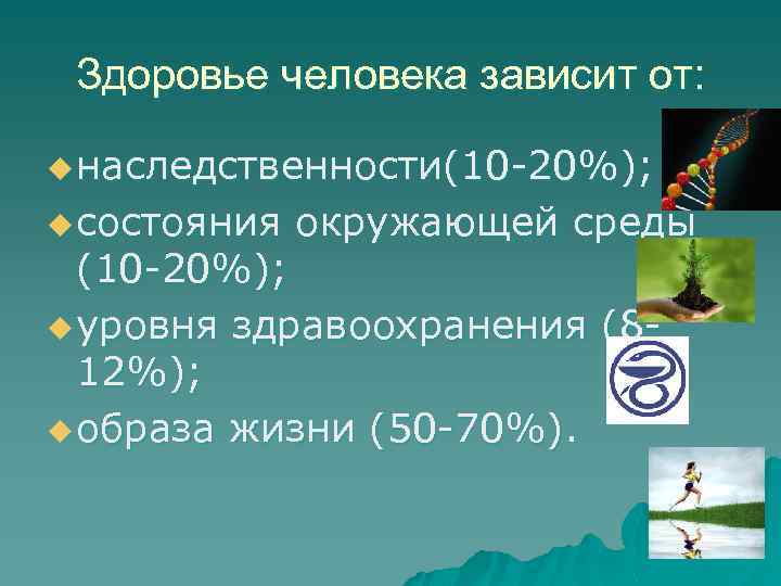 Здоровье человека зависит от: u наследственности(10 -20%); u состояния окружающей среды (10 -20%); u