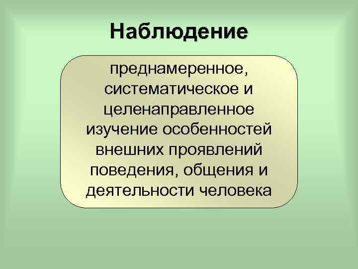 Наблюдение преднамеренное, систематическое и целенаправленное изучение особенностей внешних проявлений поведения, общения и деятельности человека