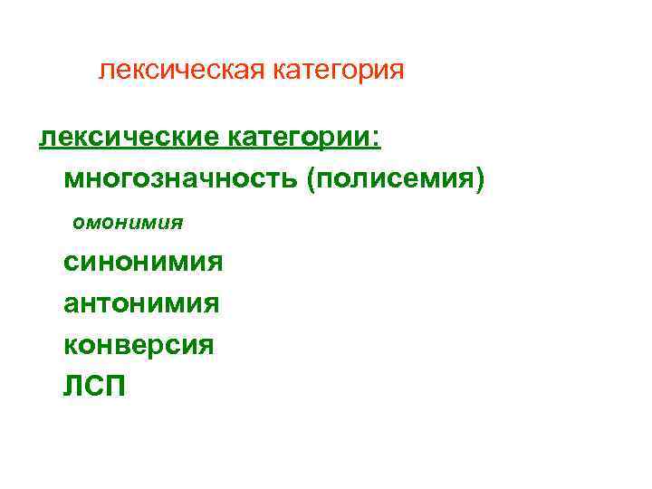 лексическая категория лексические категории: многозначность (полисемия) омонимия синонимия антонимия конверсия ЛСП 