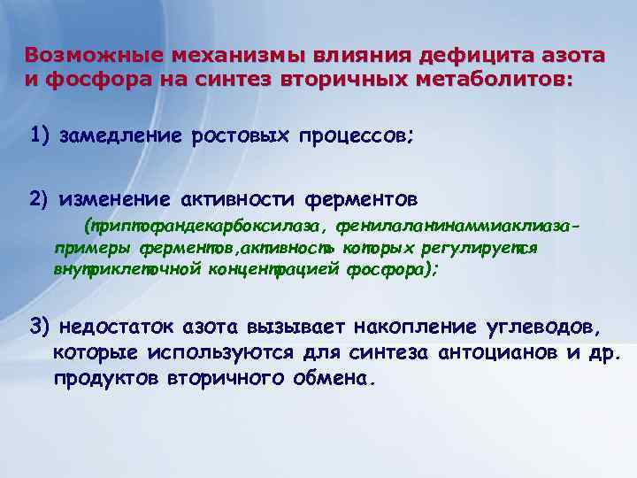 Возможные механизмы влияния дефицита азота и фосфора на синтез вторичных метаболитов: 1) замедление ростовых