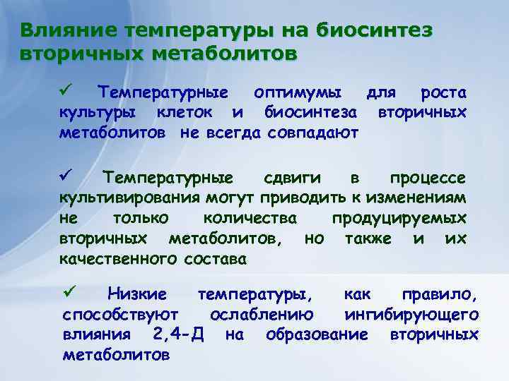 Клеточные технологии для получения Влияние температуры на биосинтез экономически важных веществ вторичных метаболитов растительного