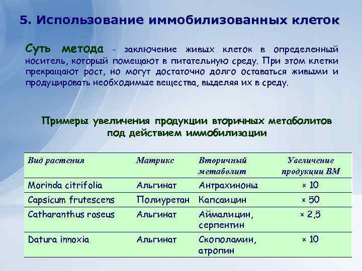 Клеточные технологии для получения 5. Использование иммобилизованных клеток экономически важных веществ Суть метода -