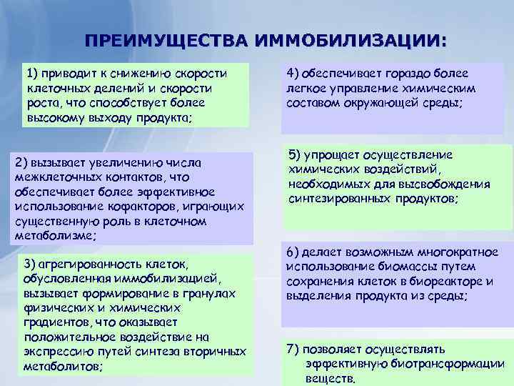 Клеточные технологии для получения ПРЕИМУЩЕСТВА важных веществ экономически. ИММОБИЛИЗАЦИИ: 1) приводит к снижению скорости