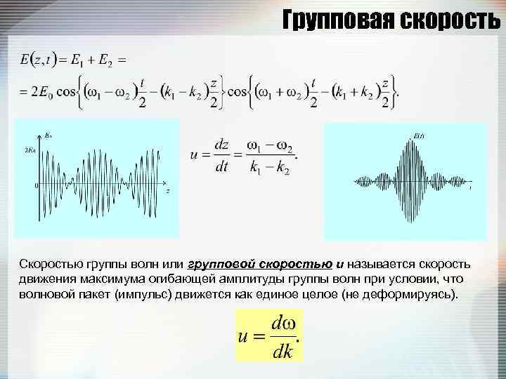 Групповая скорость Скоростью группы волн или групповой скоростью u называется скорость движения максимума огибающей