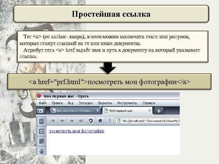 Простейшая ссылка Тег <a> (от anchor- якорь), в него можно заключить текст или рисунок,