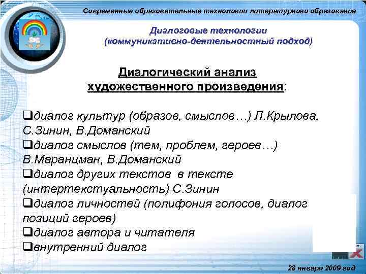 Современные образовательные технологии литературного образования Диалоговые технологии (коммуникативно-деятельностный подход) Диалогический анализ художественного произведения: произведения