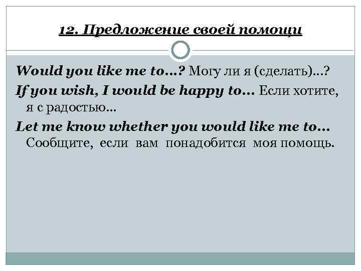 12. Предложение своей помощи Would you like me to. . . ? Могу ли