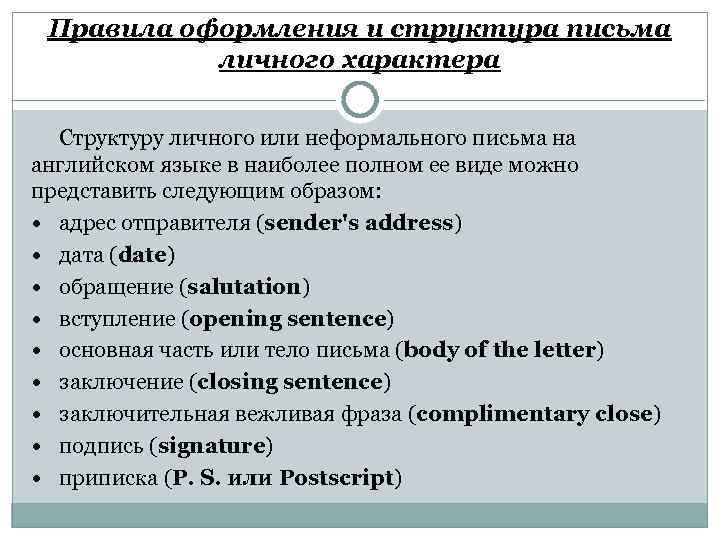 Правила оформления и структура письма личного характера Структуру личного или неформального письма на английском