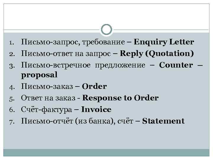 1. 2. 3. 4. 5. 6. 7. Письмо-запрос, требование – Enquiry Letter Письмо-ответ на