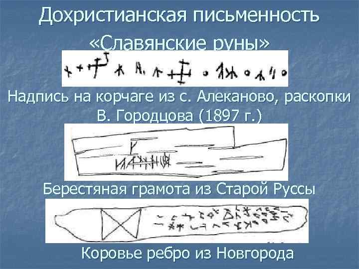 Дохристианская письменность «Славянские руны» Надпись на корчаге из с. Алеканово, раскопки В. Городцова (1897