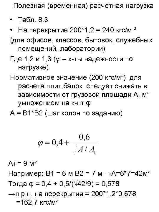 Полезная (временная) расчетная нагрузка • Табл. 8. 3 • На перекрытие 200*1, 2 =