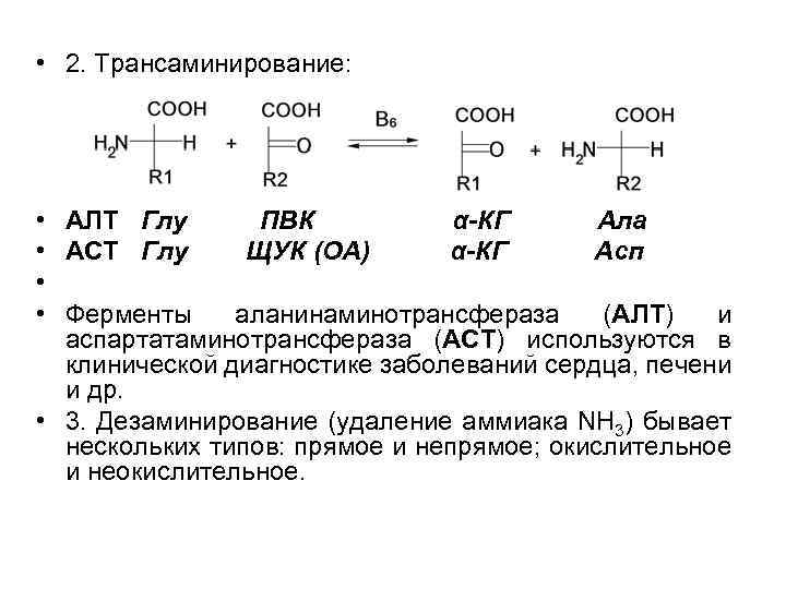  • 2. Трансаминирование: • АЛТ Глу ПВК α-КГ Ала • АСТ Глу ЩУК