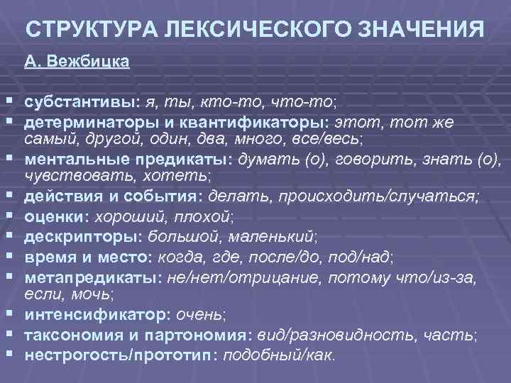 Лексический состав текста. Структура лексического значения. Лексическая структура. Субстантивы примеры. Группировка по лексическому значению.