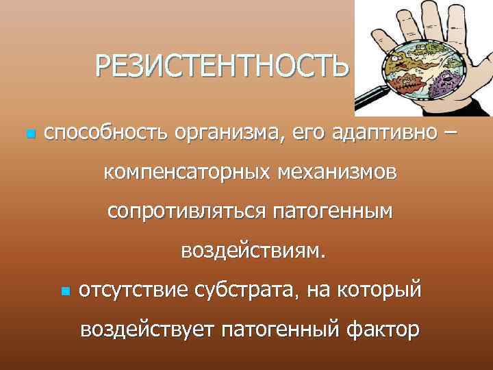 РЕЗИСТЕНТНОСТЬ n способность организма, его адаптивно – компенсаторных механизмов сопротивляться патогенным воздействиям. n отсутствие