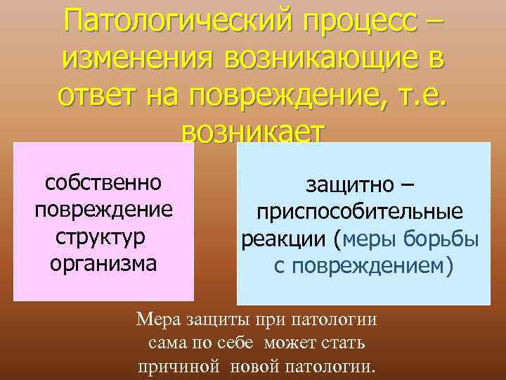 Патологический процесс – изменения возникающие в ответ на повреждение, т. е. возникает собственно повреждение