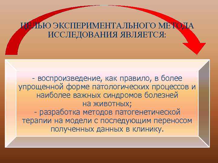 ЦЕЛЬЮ ЭКСПЕРИМЕНТАЛЬНОГО МЕТОДА ИССЛЕДОВАНИЯ ЯВЛЯЕТСЯ: - воспроизведение, как правило, в более упрощенной форме патологических