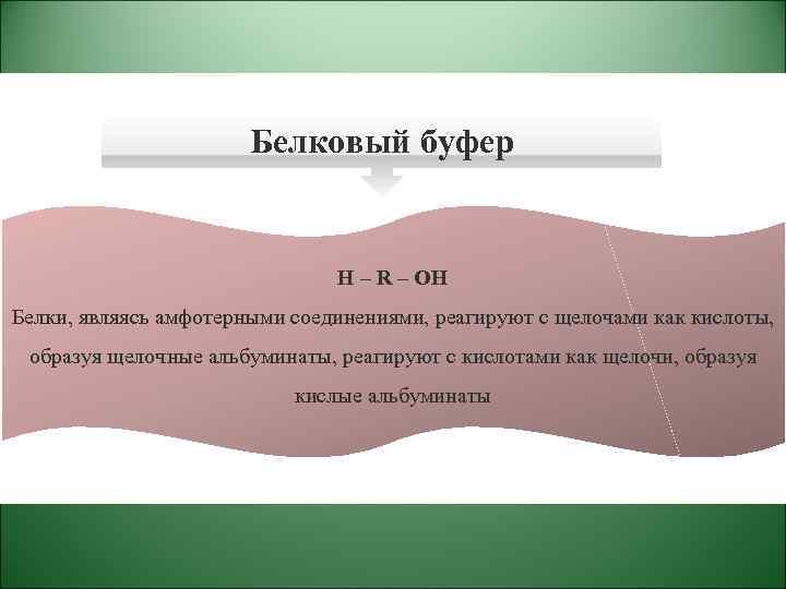 Белковый буфер Н – R – ОН Белки, являясь амфотерными соединениями, реагируют с щелочами