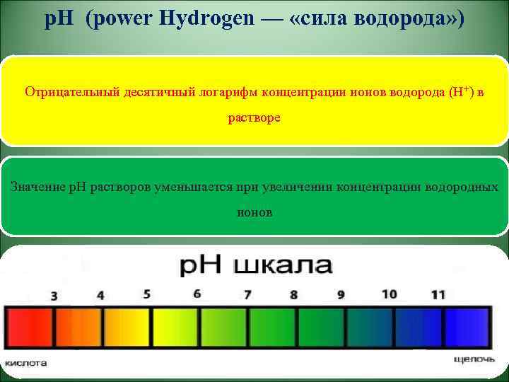 р. Н (power Hydrogen — «сила водорода» ) Отрицательный десятичный логарифм концентрации ионов водорода