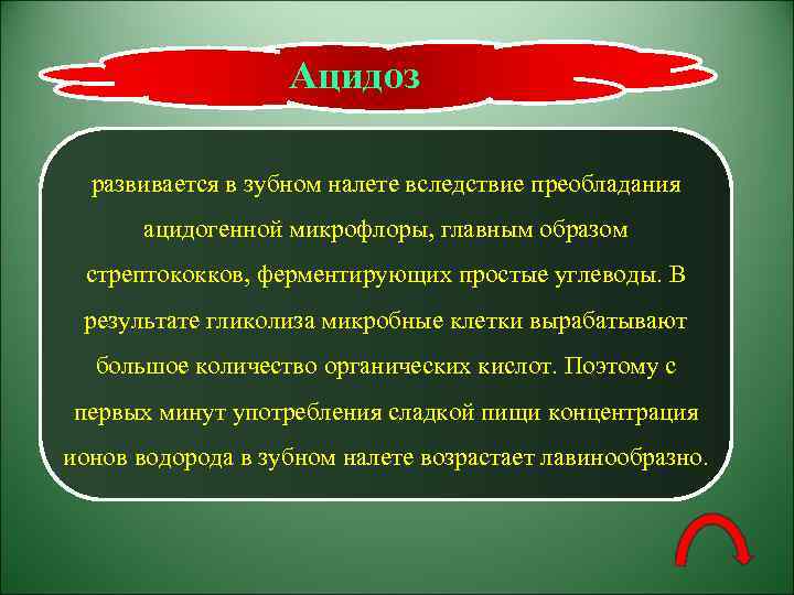 Ацидоз развивается в зубном налете вследствие преобладания ацидогенной микрофлоры, главным образом стрептококков, ферментирующих простые