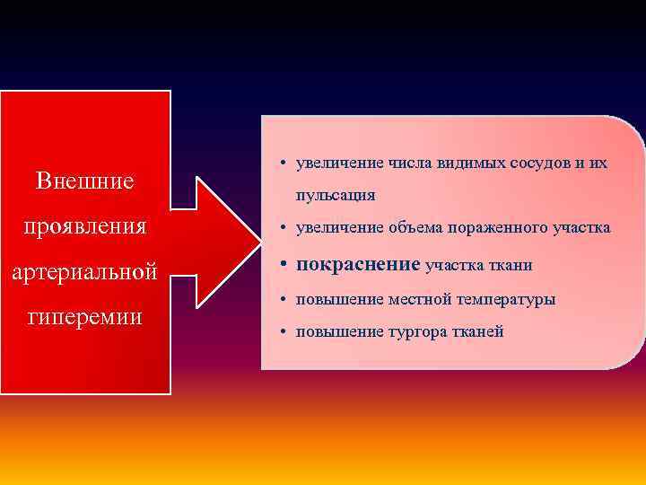 Внешние проявления артериальной гиперемии • увеличение числа видимых сосудов и их пульсация • увеличение