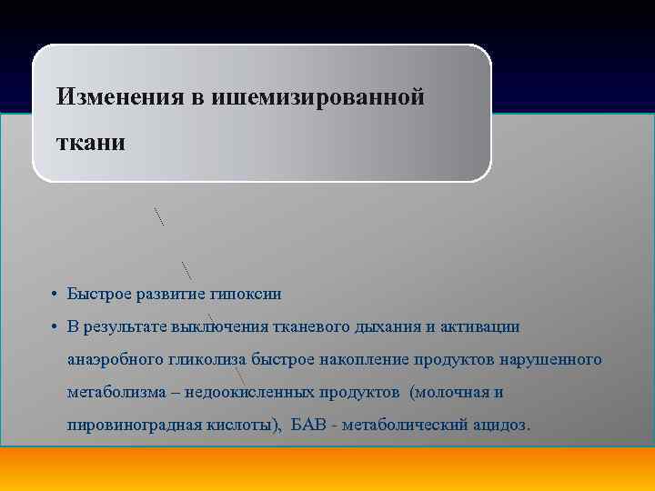 Изменения в ишемизированной ткани • Быстрое развитие гипоксии • В результате выключения тканевого дыхания