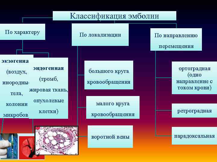 Впишите в схему виды эмболий и укажите природу эмбола