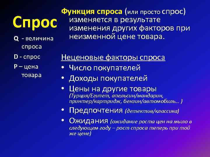 Функция спроса (или просто спрос) изменяется в результате изменения других факторов при неизменной цене
