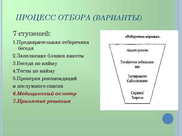 ПРОЦЕСС ОТБОРА (ВАРИАНТЫ) 7 ступеней: 1. Предварительная отборочная беседа 2. Заполнение бланка анкеты 3.