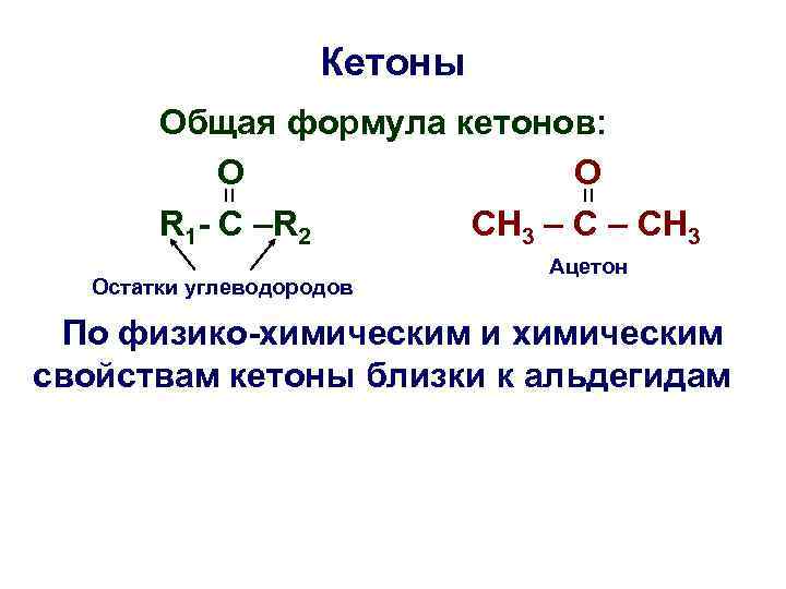 Кетоны Oбщая формула кетонов: O O R 1 - C –R 2 CH 3