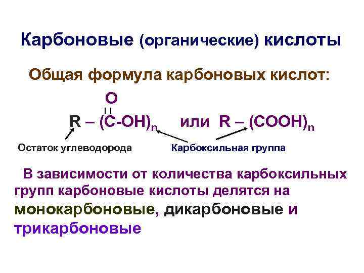 Карбоновые (органические) кислоты Общая формула карбоновых кислот: О R – (C-OH)n или R –