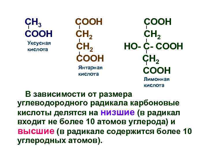 CH 3 COOH Уксусная кислота COOH CH 2 COOH Янтарная кислота COOH CH 2