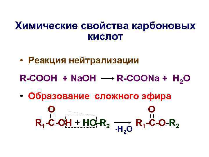 Химические свойства карбоновых киcлот • Реакция нейтрализации R-COOH + Na. OH R-COONa + H