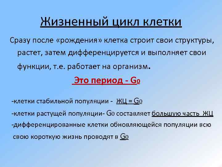 Жизненный цикл клетки Сразу после «рождения» клетка строит свои структуры, растет, затем дифференцируется и