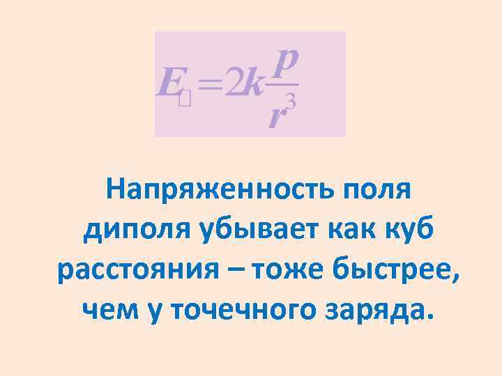 Напряженность поля диполя убывает как куб расстояния – тоже быстрее, чем у точечного заряда.