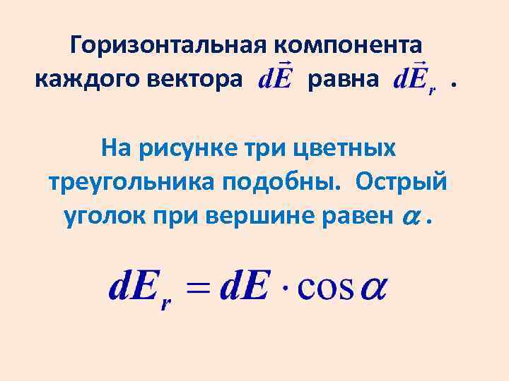 Горизонтальная компонента каждого вектора равна. На рисунке три цветных треугольника подобны. Острый уголок при