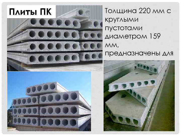 Плиты ПК Толщина 220 мм с круглыми пустотами диаметром 159 мм, предназначены для опирания