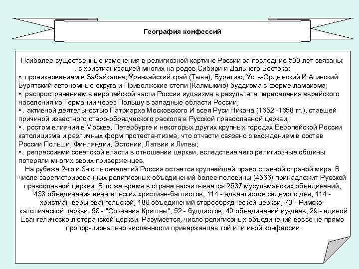 География конфессий Наиболее существенные изменения в религиозной картине России за последние 500 лет связаны: