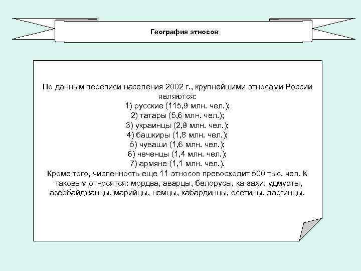 География этносов По данным переписи населения 2002 г. , крупнейшими этносами России являются: 1)