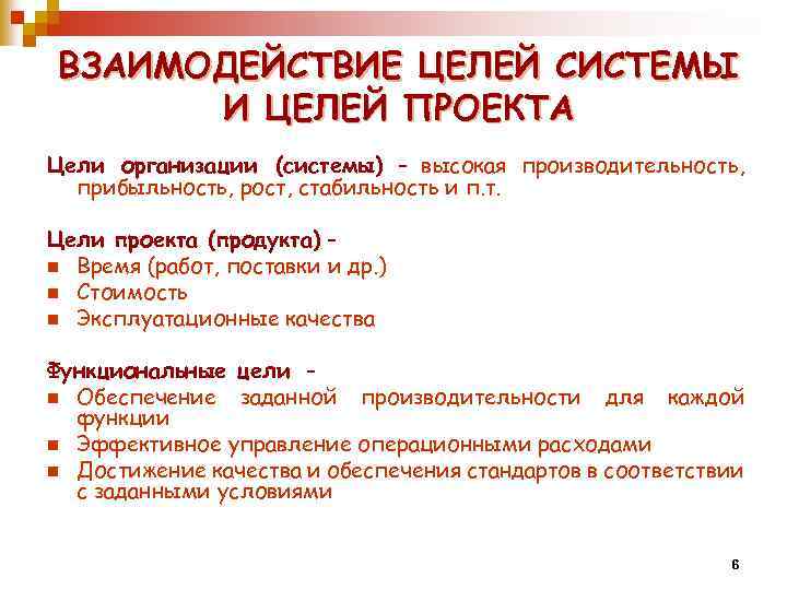 ВЗАИМОДЕЙСТВИЕ ЦЕЛЕЙ СИСТЕМЫ И ЦЕЛЕЙ ПРОЕКТА Цели организации (системы) – высокая производительность, прибыльность, рост,