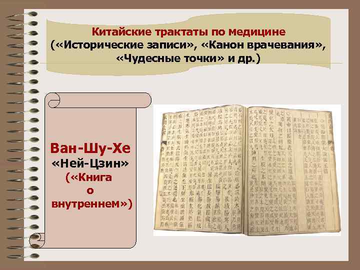 Китайские трактаты по медицине ( «Исторические записи» , «Канон врачевания» , «Чудесные точки» и