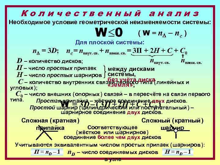 Количественный анализ Необходимое условие геометрической неизменяемости системы: ( W = n. D – nc