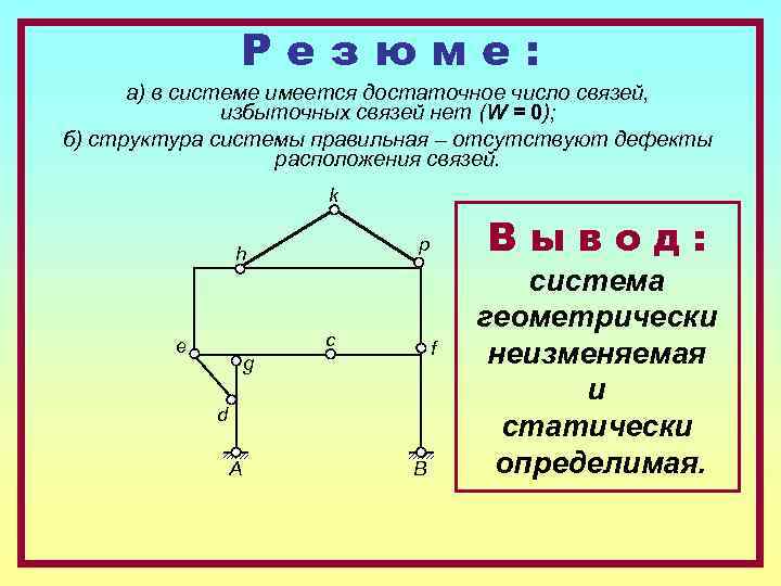 Резюме: а) в системе имеется достаточное число связей, избыточных связей нет (W = 0);