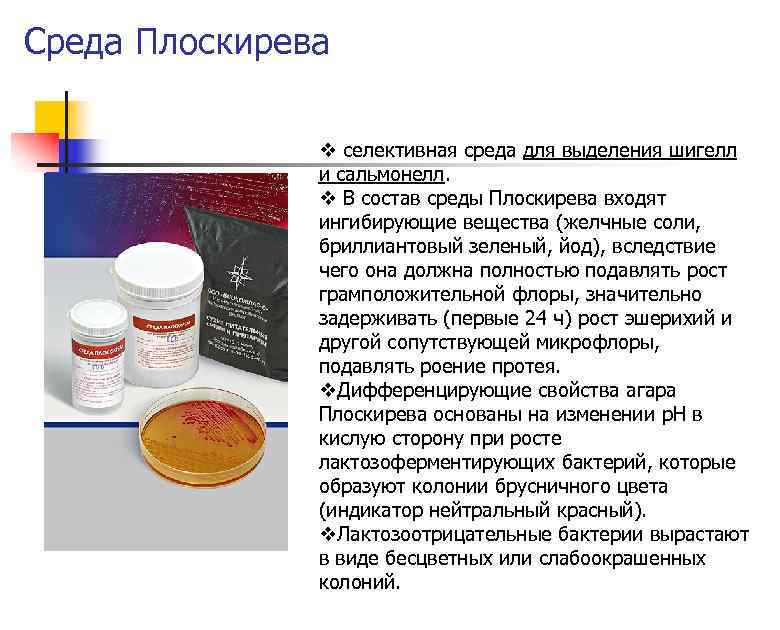 Среда Плоскирева v селективная среда для выделения шигелл и сальмонелл. v В состав среды