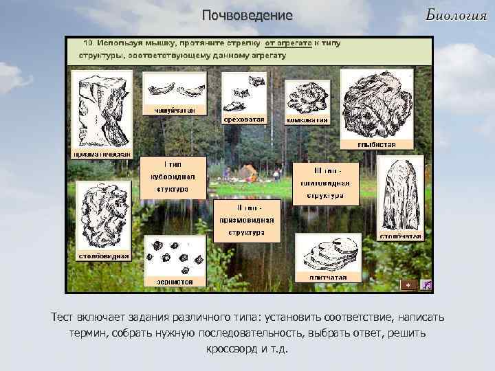 Почвоведение Тест включает задания различного типа: установить соответствие, написать термин, собрать нужную последовательность, выбрать