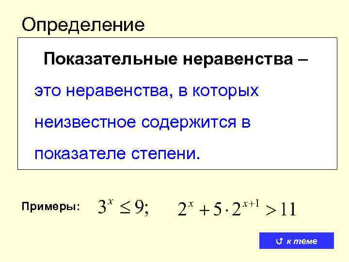 Определение Показательные неравенства – это неравенства, в которых неизвестное содержится в показателе степени. Примеры: