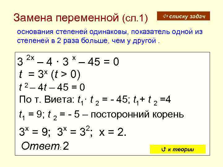 Замена переменной (сл. 1) списку задач основания степеней одинаковы, показатель одной из степеней в